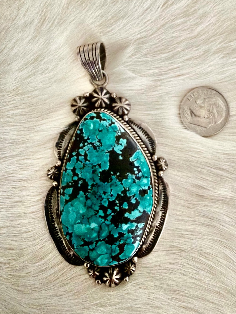 Massive Turquoise & Sterling Navajo Dinè Heavy Pendant 56 grams Stunning